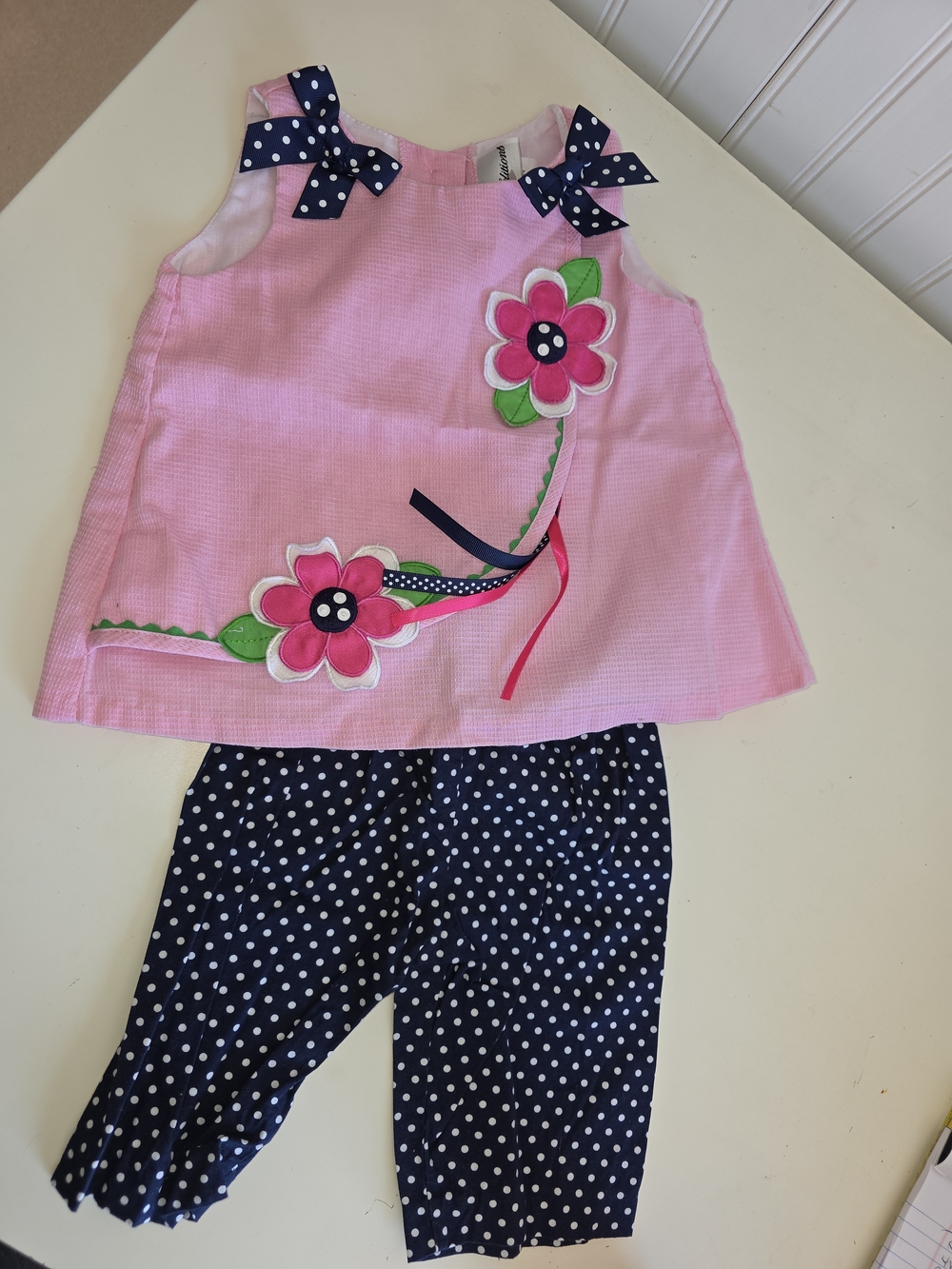 Rare Editions Pink Floral Applique Tunic with Navy Polka Dot Pants